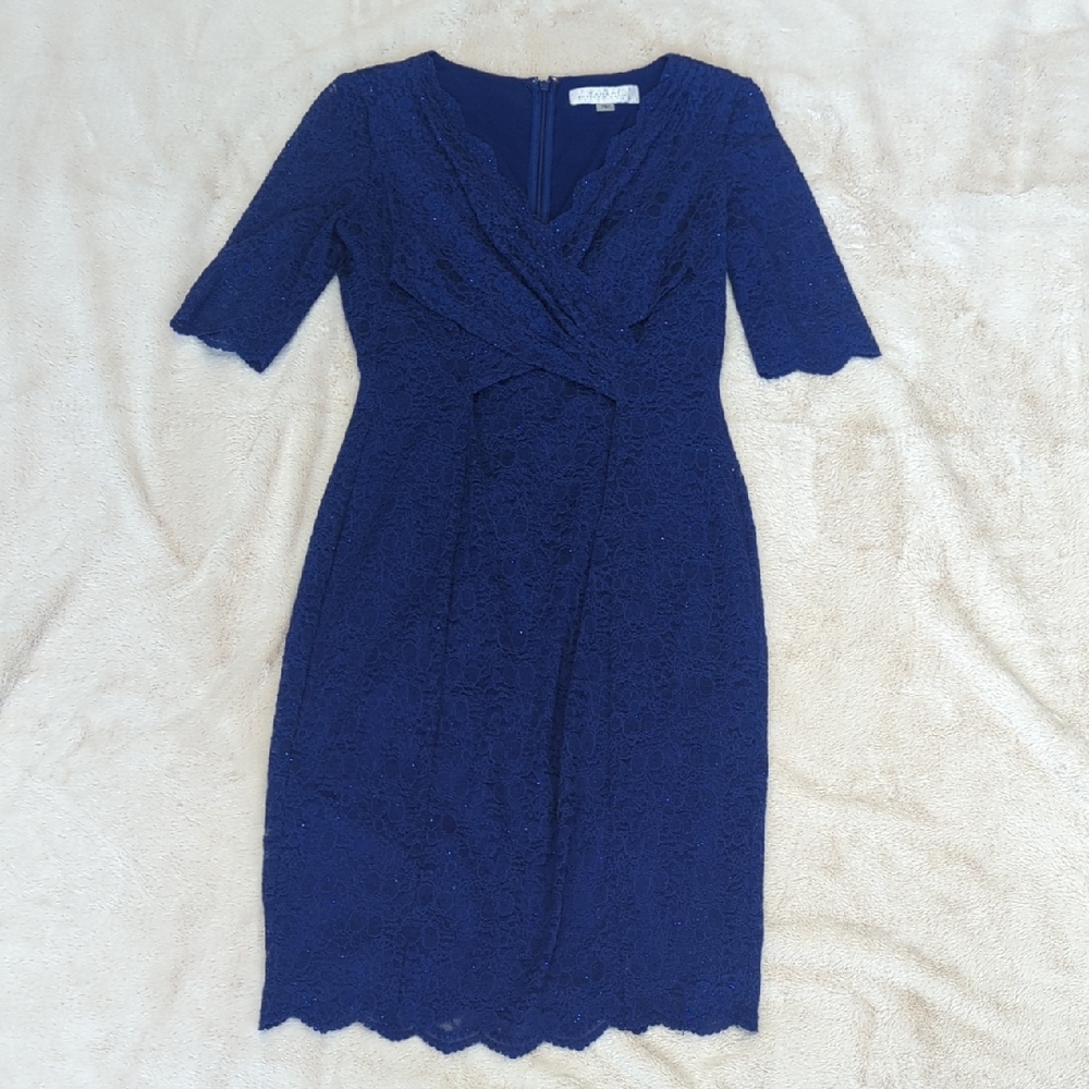 Tahari ASL Deep Blue Lace Midi Dress
